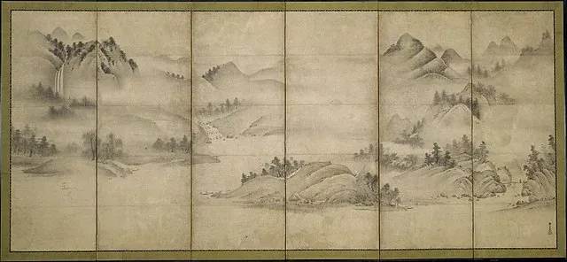 相阿彌《四季山水画 （瀟湘八景）》，屏風絵：16世紀初頭．メトロポリタン美術館蔵．